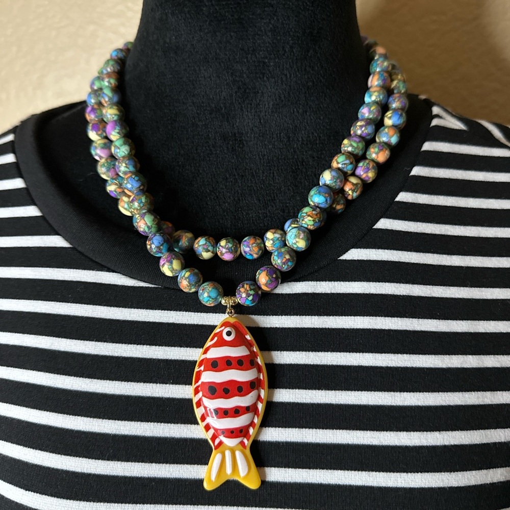 Colorful Folk Art Necklace with Fish Pendant